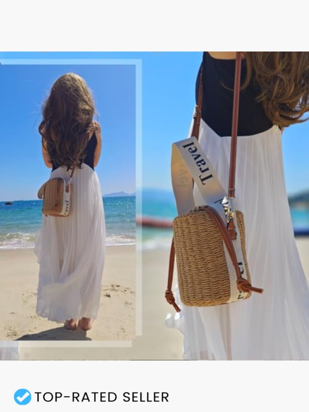 Straw Rattan Woven Bucket Tote Bag Crossbody Drawstring Beach Handbag - Picture 4 of 7